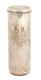 An Italian Silver Golf Ball Case, Tiffany & Co., of cylindrical form, etched with a small scene of two golfers, with a snap on l