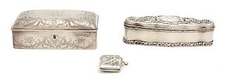 Three American Silver Boxes, Various Makers, a rectangular box with monogrammed top, an elongated oval box with chased floral de