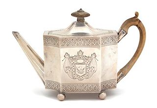 An English Regency Teapot on Tray, Henry Chawner, London, 1830 and 1835, having treen handle and finial