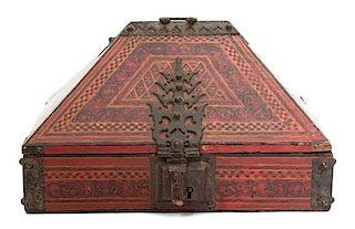 A Malabar Polychromed and Brass Mounted Dowry Box Height 9 x width 14 1/2 x depth 9 3/4 inches.