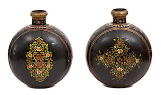 A Pair of Indian Painted Brass Water Jars Height 27 1/4 inches.