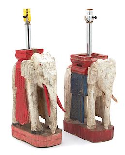 A Pair of Painted Wood Indian Elephant-Form Lamps Height overall 24 inches.