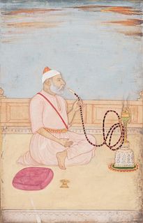A Miniature Mughal Painting of a Hookah Smoker Image 7 x 4 1/2 inches.