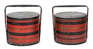A Pair of Japanese Lacquer Hat Boxes Height 22 x diameter 19 1/2 inches.