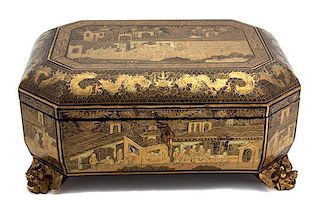 A Chinese Black and Gilt Lacquer Papier Mache Covered Box Height 5 x width 11 x depth 7 1/2 inches.