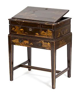 A Chinese Brown and Gilt Lacquer Writing Desk on Stand Height 28 1/4 x width 23 x depth 16 3/4 inches.