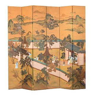 A Chinese Six Panel Floor Screen Each panel height 106 x 17 inches.