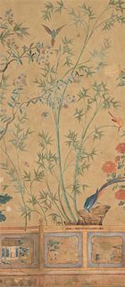 A Pair of Chinese Painted Wall Paper Panels Height 85 x width 43 1/2 inches.