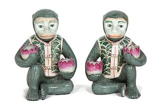 A Pair of Chinese Polychrome Glazed Ceramic Seated Monkey-Form Candleholders Height 7 1/4 inches.