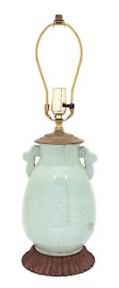 A Chinese Celadon Glazed Porcelain Table Lamp Height 22 1/2 inches.