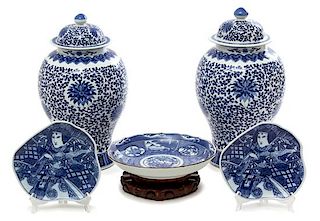 A Collection of Five Pieces of Asian Blue and White Porcelain Height of largest 19 inches.