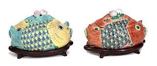 Two Chinese Export Double Fish-Form Tureens Height 12 x width 16 x depth 9 1/2 inches.