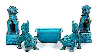 Five Chinese Turquoise Glazed Articles Height of largest 8 inches.