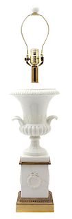 A Campana Urn-Form White Glazed Ceramic Table Lamp Height 23 1/2 inches.
