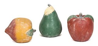 Three Painted Ceramic Fruits Height of largest 12 inches.