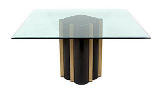A Mid-Century Modern Bronze Two-Pedestal Dining Table with Glass Top Each pedestal height 28 x width 19 3/4 x depth 9 3/4, top 5