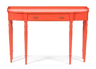A Louis XVI Style Salmon Lacquer Console Table Height 31 x width 46 x depth 14 inches
