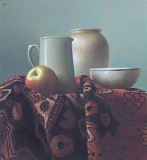 Israel Zohar, (Russian, b. 1946), Table Top Still Life with Apple, Pitcher, Jar and Bowl