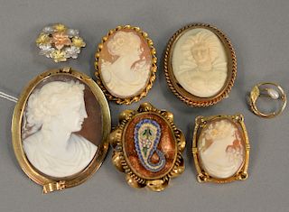 Seven piece lot including four cameos, one pin with mosaic, multi color gold pin and a gold pin with pearl.