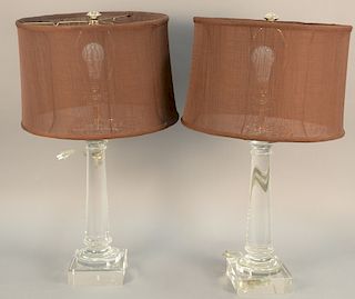 Pair of large crystal column table lamps with shades (chips). ht. 32 in.