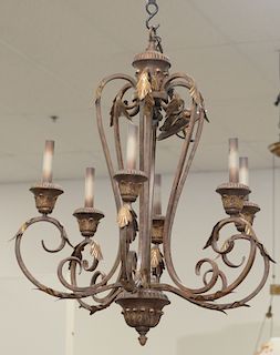 Pair of contemporary iron six light hanging chandeliers. ht. 36in., dia. 32in.
