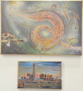 Two Nathaniel E. Reich (20th century), oil on masonite, "Allegory" and untitled and unsigned, 24" x 36" and 12" x 19 1/2".