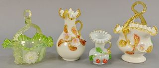 Four piece art glass lot including two vases with applied flowers and two baskets, one having applied flowers. ht. 5 in. to 9 in.