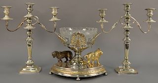 Three piece group including large silver plate and crystal compote mounted with lion and lioness (now fitted with crystal bowl) and ...