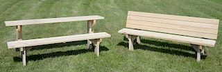Amish made cedar bench converts to half picnic table (sun faded). ht. 29in., lg. 72in.