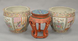 Three piece lot including pair of rose medallion porcelain fish bowls (ht