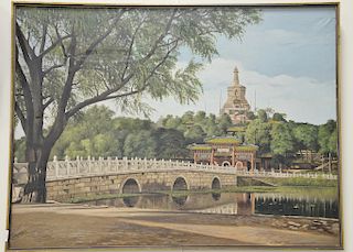 Oil on canvas, Chinese Peking North Sea Palace White dagoba, unsigned, 19th or 20th century. 36" x 48"