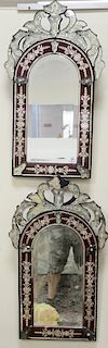 Pair of Venetian mirrors with red frame, 19th century (one with small missing parts at top). 30" x 17"