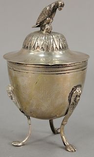Silver covered bowl with bird finial (one leg off but available). ht. 7 in., 12 t oz.