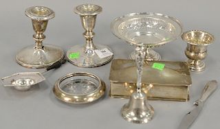 Weighted silver lot including box, strainer, dish, parts.