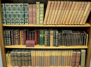 Large group of leatherbound books on approximately eight shelves to include The Pageant of America, History of the Jews, Irving, Dic...