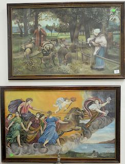 Pair of framed oil on canvas farm landscape with sheep along with an oil on canvas having horse drawn chariot with putti, both signe...