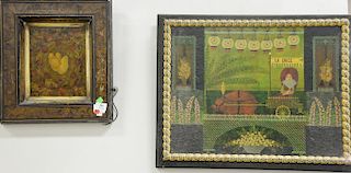 Five framed paintings including two Richard Wynn modern oil paintings, a collage marked Van Gogh 1792, Adam Leontas oil on board of ...
