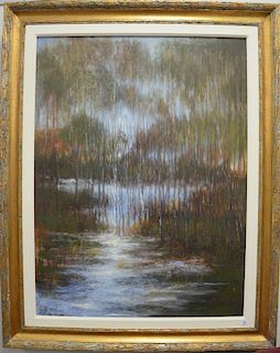 Contemporary oil on canvas wooded landscape in large gold frame, 48" x 36".