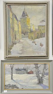 Four framed oil paintings including John Whiting (1884-1977), oil on canvas, snowscape with red barn; oil on canvas church snowscape...