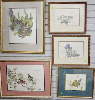 Set of six Sallie Ellington Middleton prints including "Young Gray Squirrels", "Purple Finch", and four with flowers, all pencil sig...