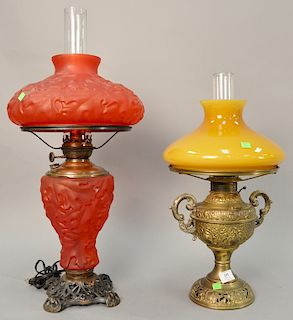 Two Gone with the Wind lamps, one having frosted red glass and the other Victorian brass with caramel glass shade. ht. 28 in. & 21 in.