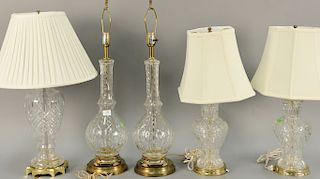 Five crystal lamps including large Waterford crystal lamp and two pairs of crystal lamps. ht. 27 in. to 34 in.