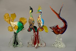 Three Murano art glass pieces including figural bird group and two fish. ht. 12 3/4 in., 16 in., & 16 1/2 in.