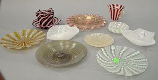 Tray lot with art glass ribbon bowls, dishes, and plates, Latticino bowls, handkerchief vase, and Venetian cup.