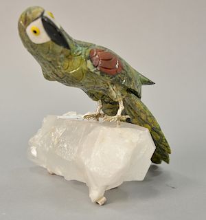Hardstone carved parrot on rock crystal base. ht. 7 1/2 in., wd. 7 1/2 in.