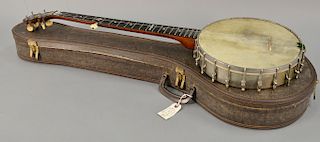 Jas A. Morrison, Jos Rogers Jr. banjo, skin is marked  Jos Rogers Jr.  and banjo marked Jas A. Morrison PAT SEPT 25' 82. lg. 36 in.