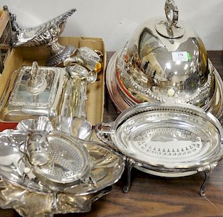 Silver plate lot including two revolving tureens, one entr̩e cover, squirrel mounted shell dish, etc.