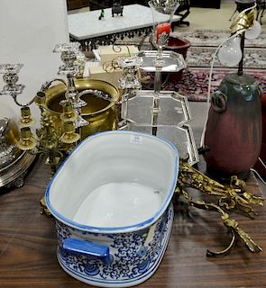 Group of silver plate, brass, etc to include pottery glazed vase made into table lamp, blue and white wash tub, silver plate candela...