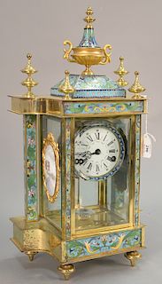 Brass and cloisonne shelf clock with side hand painted panels.