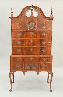 Mahogany Queen Anne style highboy with bonnet top made of 18th century elements. ht. 76 in., wd. 38 in.